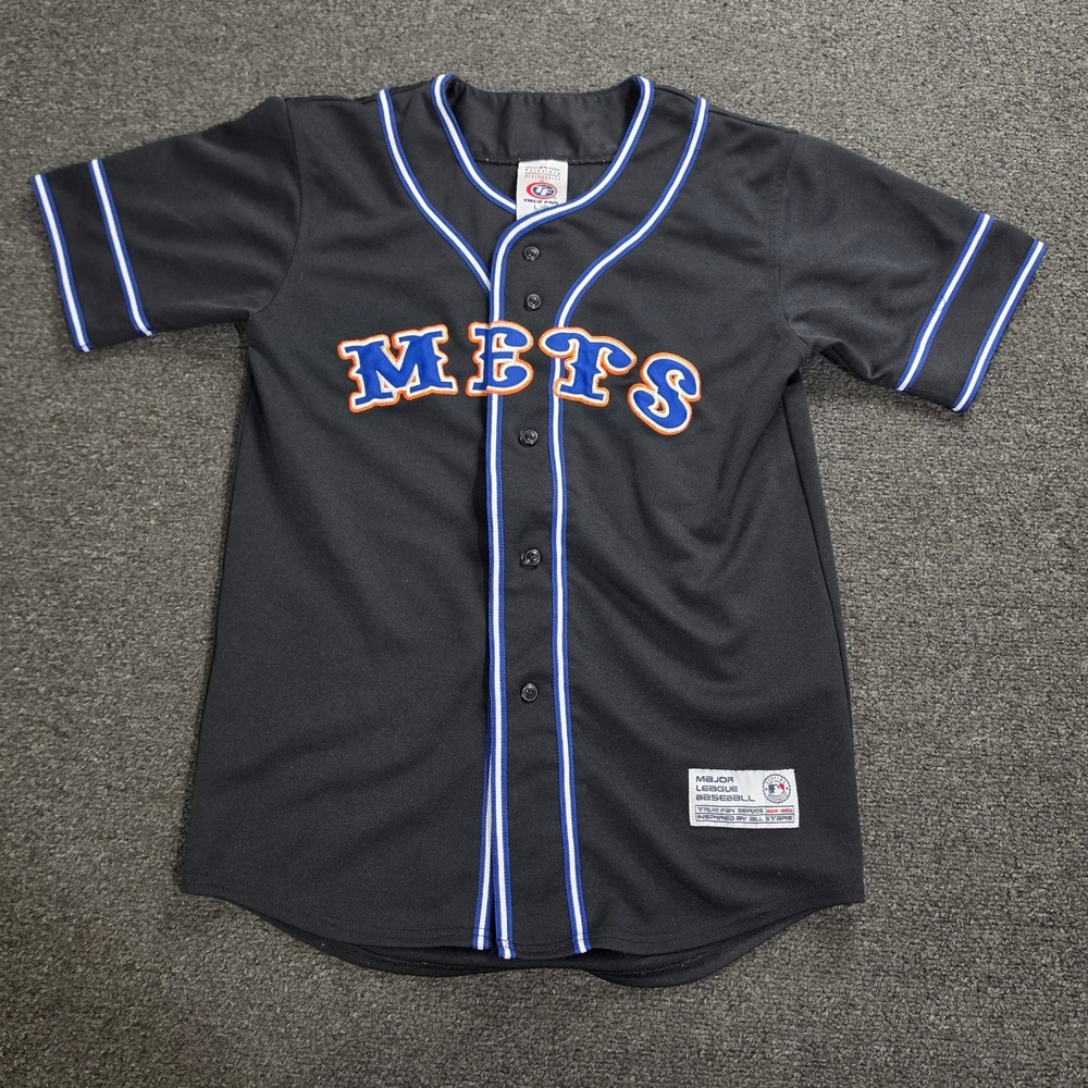 True Fan Mets Baseball Jersey Kids Large 12-14 Black MLB Button Black Blue